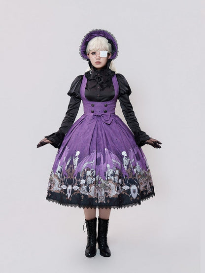 Purple Skeleton Cross Print Under Bust Gothic Lolita Dress with Black Lace Trim - NnSTAR