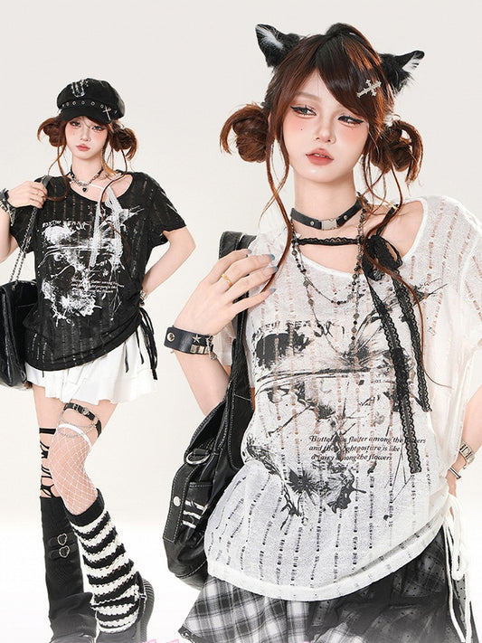 Butterfly Print Black/White Straps Distressed Holes T-shirt Self-tie Neckline