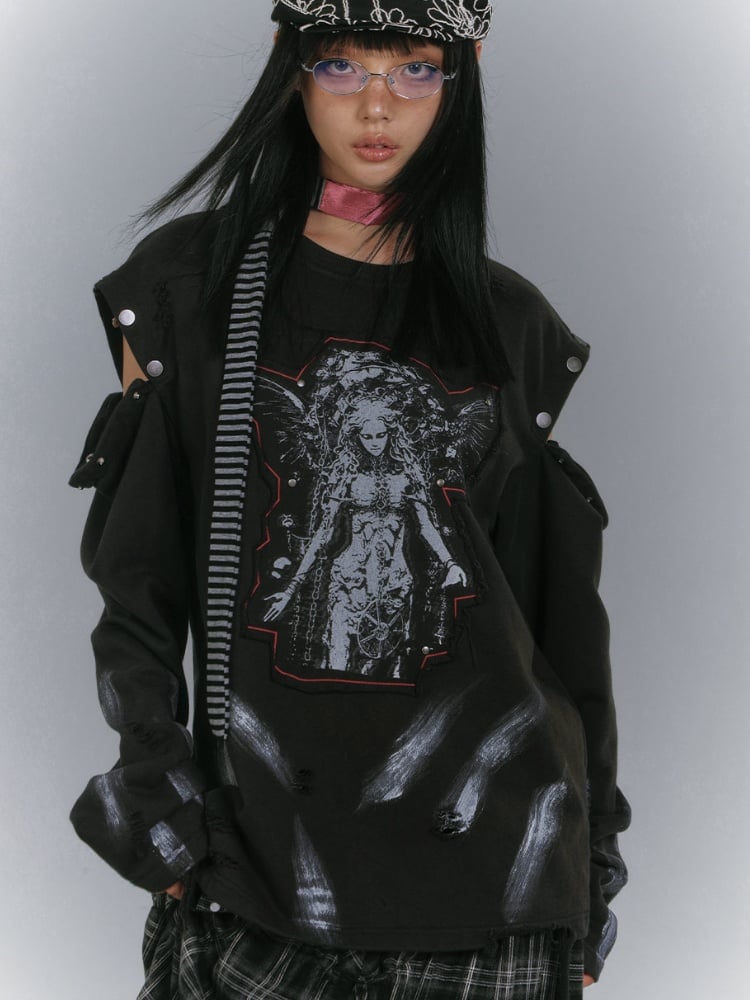 ダメージ加工スウェットシャツデザイン ブラックカットアウトショルダー フェードウォッシュアップリケ