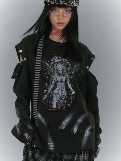 ダメージ加工スウェットシャツデザイン ブラックカットアウトショルダー フェードウォッシュアップリケ