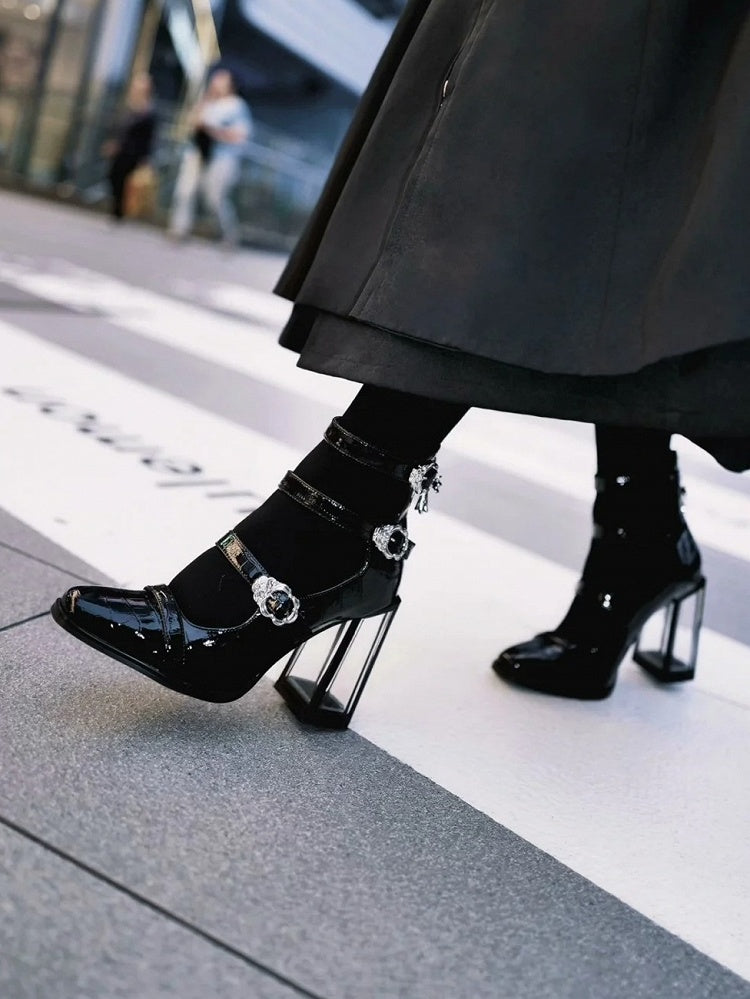 Polished Black Gothic Crocodile Buckle Straps High Block Heels