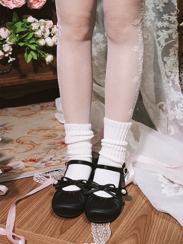 Low-heel Shoes Black Round Rhinestone - PU Buckle Bow Sweet Top Toe Knotted Heart at