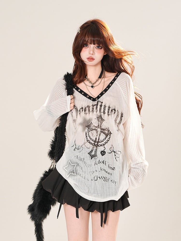 V-neck Cross Print Sun Protection Coverup Black/White