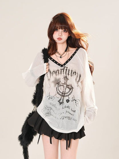 V-neck Cross Print Sun Protection Coverup Black/White