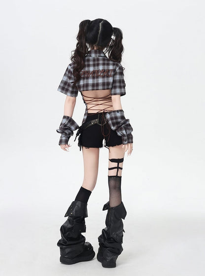 Detachable with Blue and Brown Plaid Lace-up Back Backless Shirt