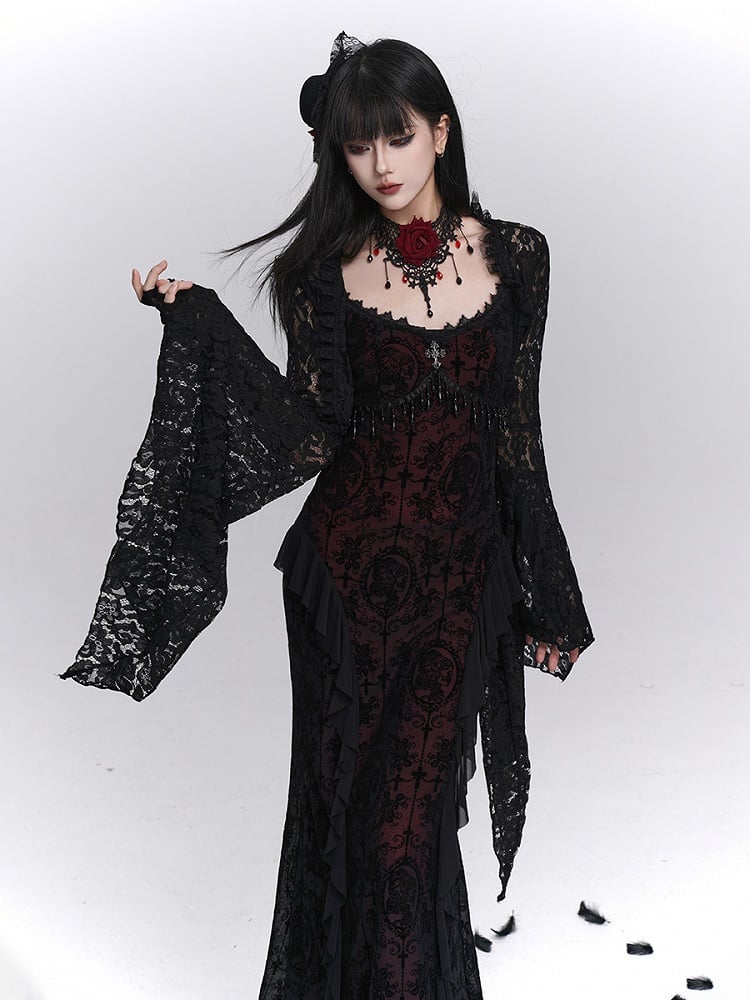 Dress Cross Halloween Slip Black with Fringe Embroidery Mermaid Detail Gothic