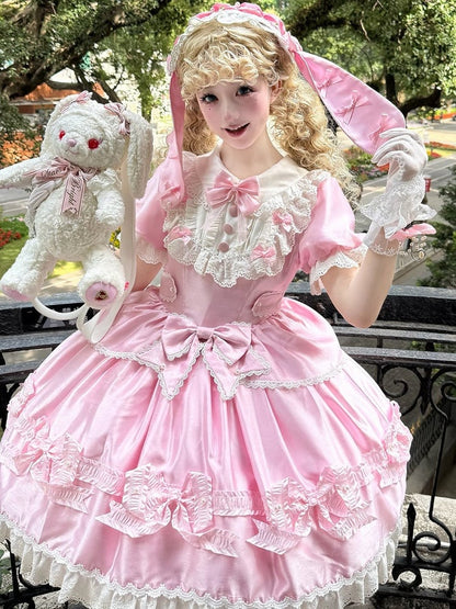 Trimmed Pink White and Bow Sweet Lace Bead Details with Dress Lolita