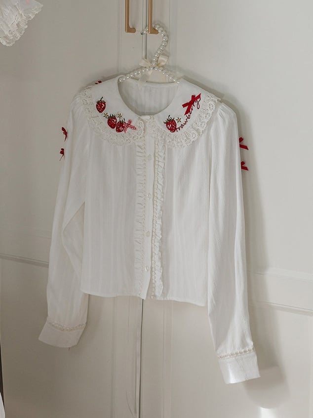 Red Embroidery Lolita Long-Sleeve Ruffled Blouse Strawberry White with