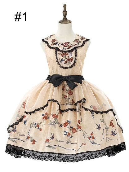 Han Lolita Sleeveless Dress with Floral Bird Print and Embroidery - Yimu Walnut