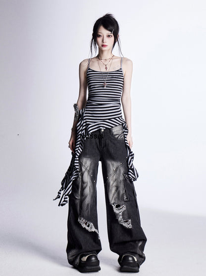 ヴィンテージ ブラック グレー ストライプ カスケード ラッフル アクセント キャミソール トップス