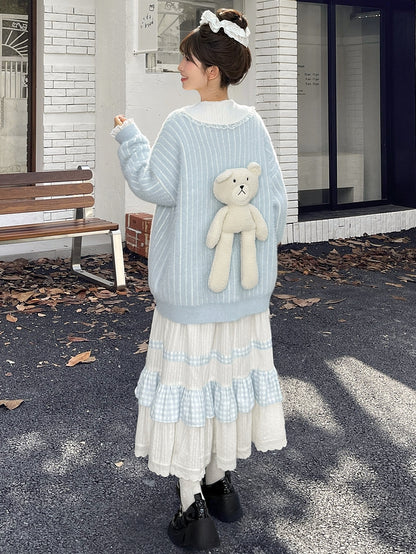 ホワイトハイウエストレーストリムスウィートスカートチェック柄パッチワーク