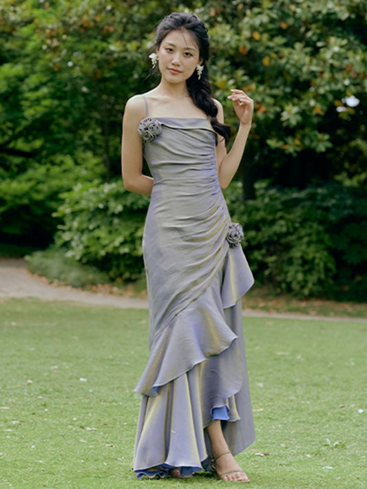 パープルフローラルマーメイドスカートフラウンスヘムキャミドレス