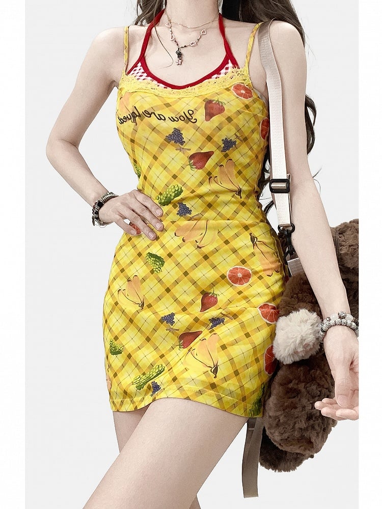 Y2K Muster Plaid Brief Hals + Gelb Obst Neckholder Cami Print Bittersüße Kleid Top Und Rot