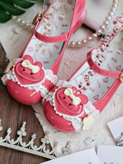 Peach Bunny-Inspired Red Lace Fastener Lolita PU Edging Janes Sweet in Low-heel Heart Mary