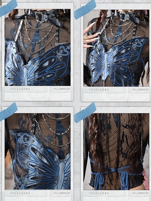 Grunge Punk Rock Fairycore Blau Tie Dye Schmetterling Neckholder Top Nieten
