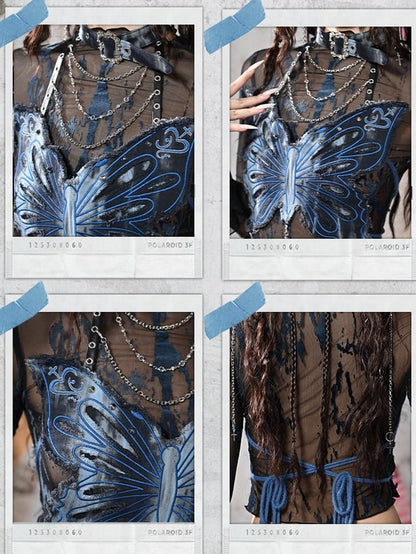 グランジ パンクロック フェアリーコア ブルー タイダイ バタフライ ホルターネック トップ スタッド