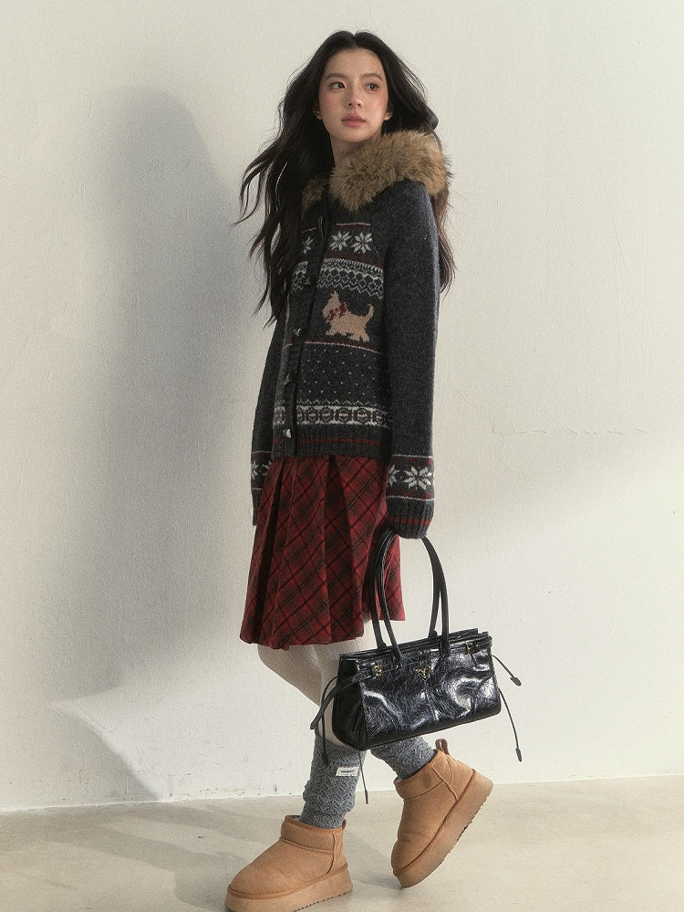 Collar Knit Sweater Button Vintage with Grey Fur Toggle