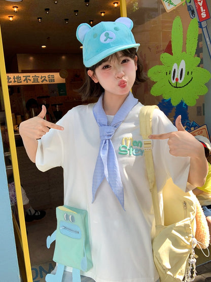 T-shirt Blue/Pink Neck Loose Cartoon Pocket White Round