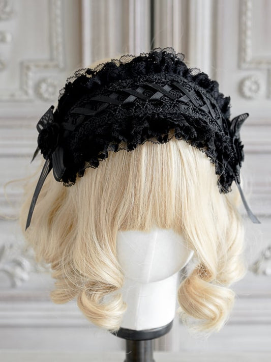 Ribbon and Hairband Black with Gothic Lace Ruffles Accents