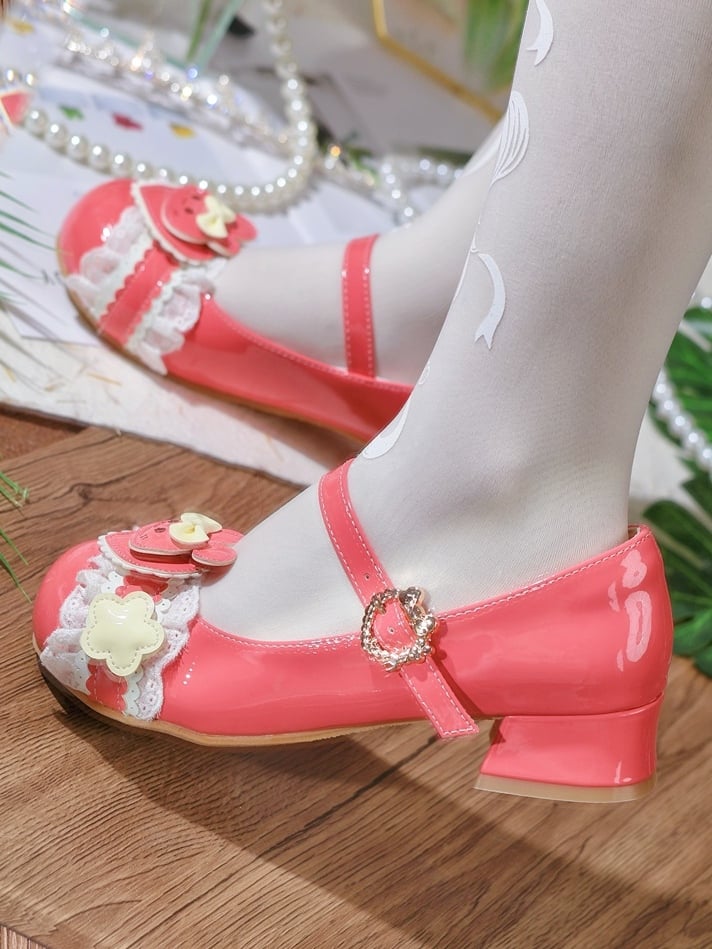 Peach Bunny-Inspired Red Lace Fastener Lolita PU Edging Janes Sweet in Low-heel Heart Mary