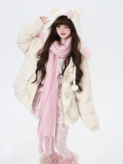 ブラックアプリコットフリース裏地フェイクファートリムフード付きコート