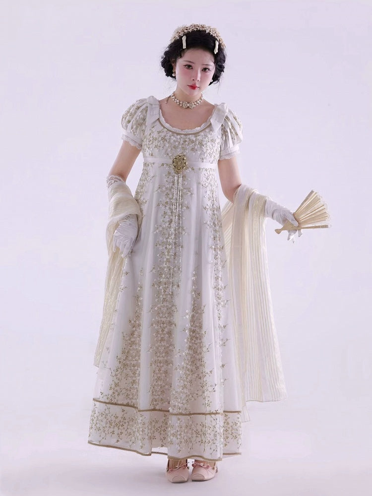 Weißes Empire-Taille Regency Elegantes Lolita Maxikleid Knöchellange Version