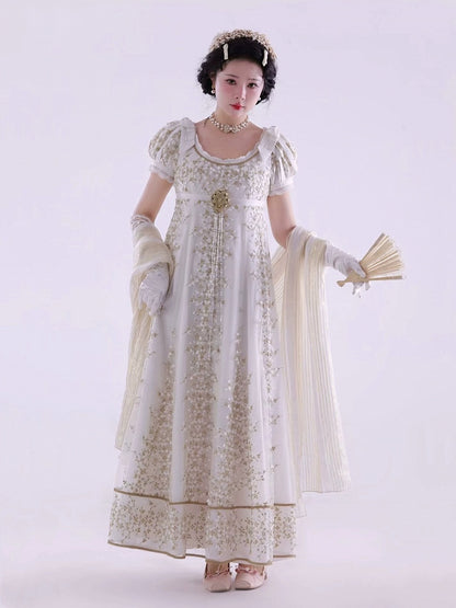 Weißes Empire-Taille Regency Elegantes Lolita Maxikleid Knöchellange Version