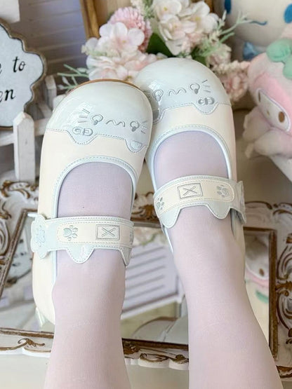 Velcro PU Ear Strap Sweet Closures in Low-heel Janes Accent Paw Kitty Details Blue Lolita Mary