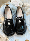 PU with Cat JK Ear Details - Accents Slip-On Sakura Shoes Design Black Polished Mid-Heel