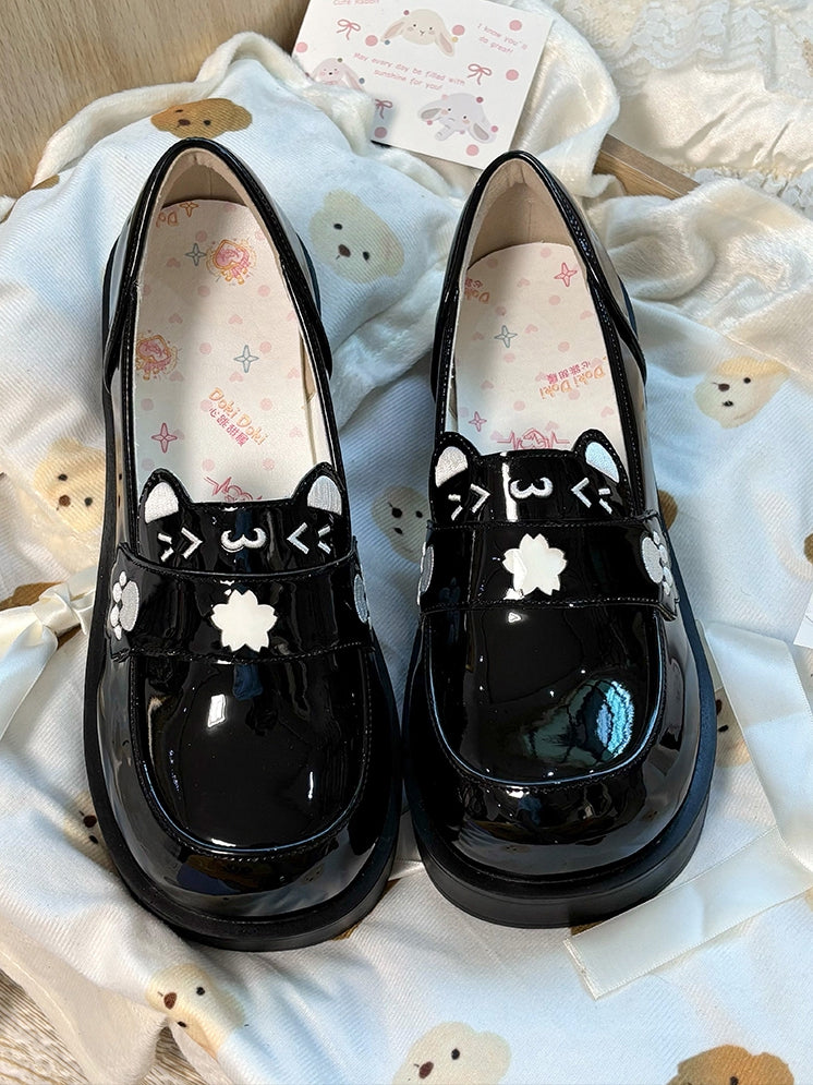 PU with Cat JK Ear Details - Accents Slip-On Sakura Shoes Design Black Polished Mid-Heel