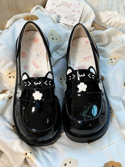 PU with Cat JK Ear Details - Accents Slip-On Sakura Shoes Design Black Polished Mid-Heel
