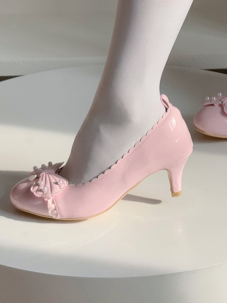 with Mid-heel Beadwork Scalloped in Bow Hem Elegant Details Pink Shoes Shell Lolita