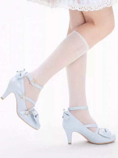 ブルーのリボンスターストラップヒールハイバックルトップ