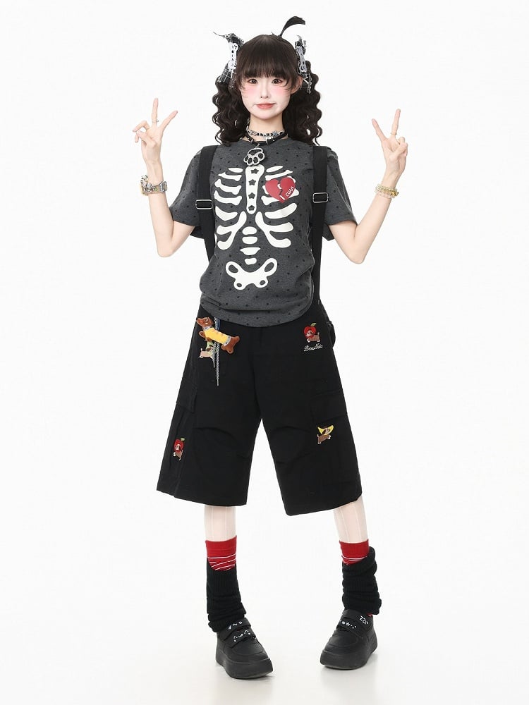 Black Cropped Cargo Shorts with Puppy Embroidery - Languid Park