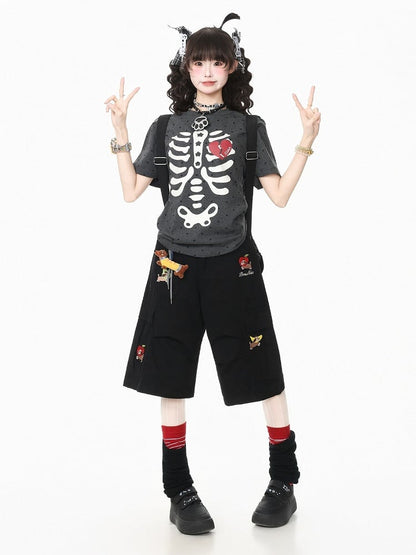 Black Cropped Cargo Shorts with Puppy Embroidery - Languid Park