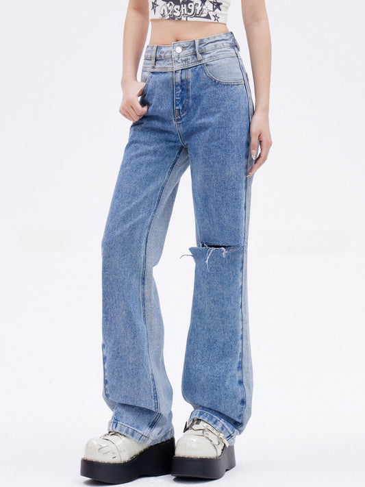 Blaue Jeans mit Löchern im Used-Look, schmale Passform, gerades Bein