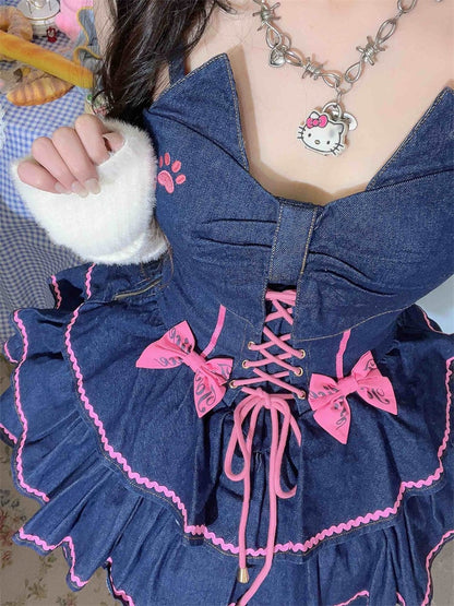 Navy Blue Lace-up Detail Sweet Bow Accents Tiered Skirt Denim Slip Dress