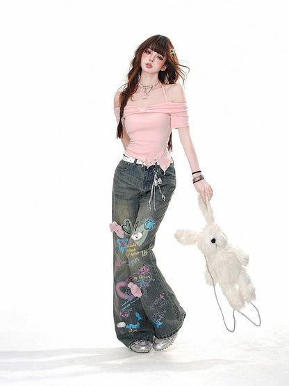 ピンク/ホワイト ホルターネック アシンメトリーヘム スリムフィット Tシャツ