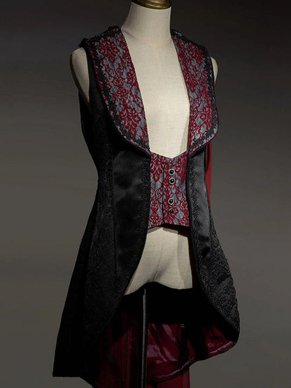 Black and Red Prince Outfit Ouji Lolita Full Set - Black Long Sleeves Shirt + Waistcoat + Black Pants