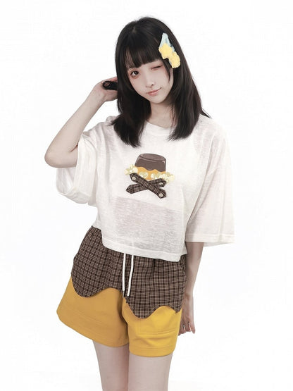 Caramel Pudding Yellow and Brown Plaid Drawstring Shorts - PINK SAVIOR