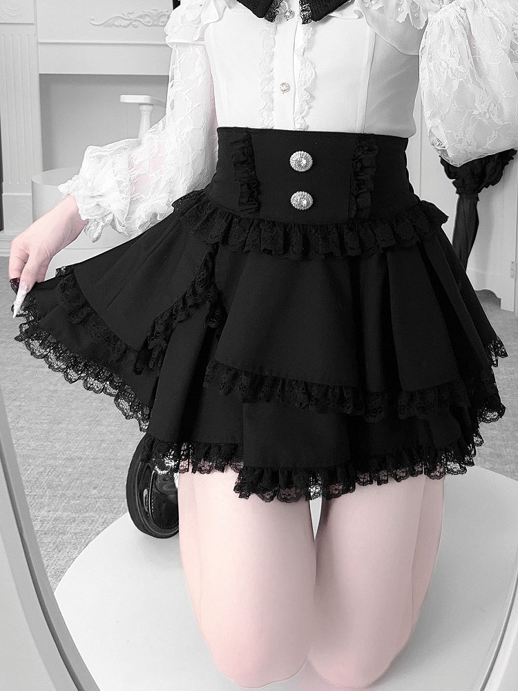 Tiered Design Detail Skirt Jirai and Layered Kei Black Lace Bow Trim with