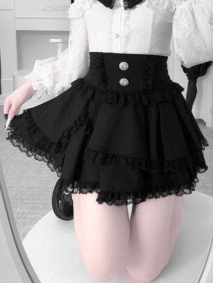 Tiered Design Detail Skirt Jirai and Layered Kei Black Lace Bow Trim with