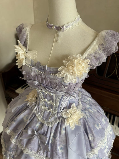 Version with Corset Purple Top Floral Frog Skirt Buttons Lolita Jasmine-Embellished Print Short +
