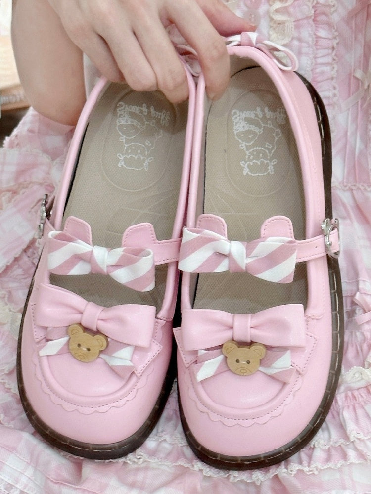 - 2 cm süße, gleichmäßig gestreifte Flats mit rosa Schleife und PU-Lolita-Sohle