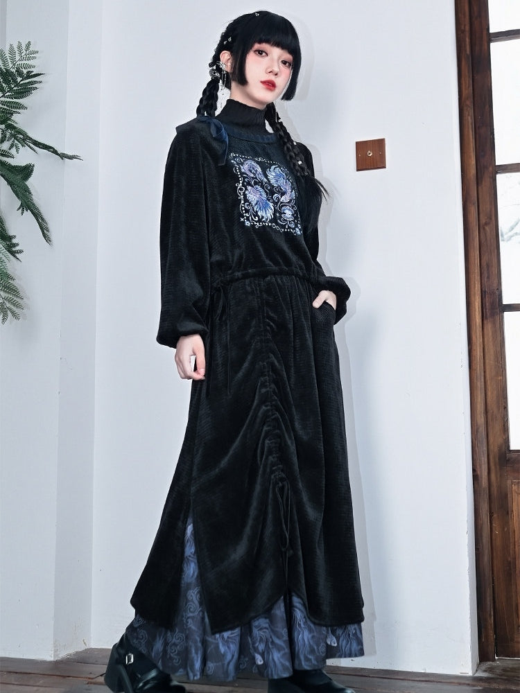 Embroidery Mock Cheongsam - Neck Black Goth Sweatshirt with Goldfish