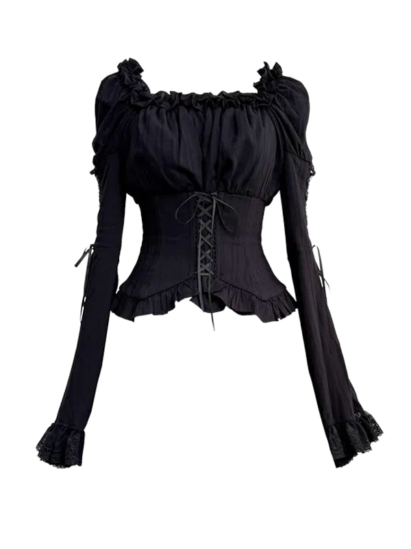 Trimmed Blouse Ruffle Black Sleeves Elastic Long Bell Neckline
