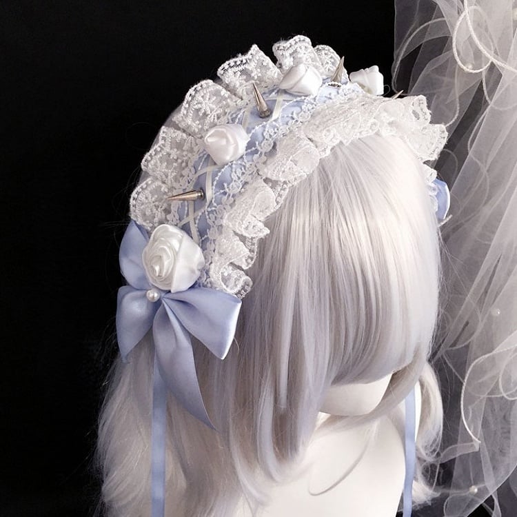 Lace Details with Bow Trim Hairband Studs Black/Lightblue Rose