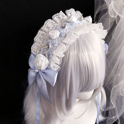 Lace Details with Bow Trim Hairband Studs Black/Lightblue Rose