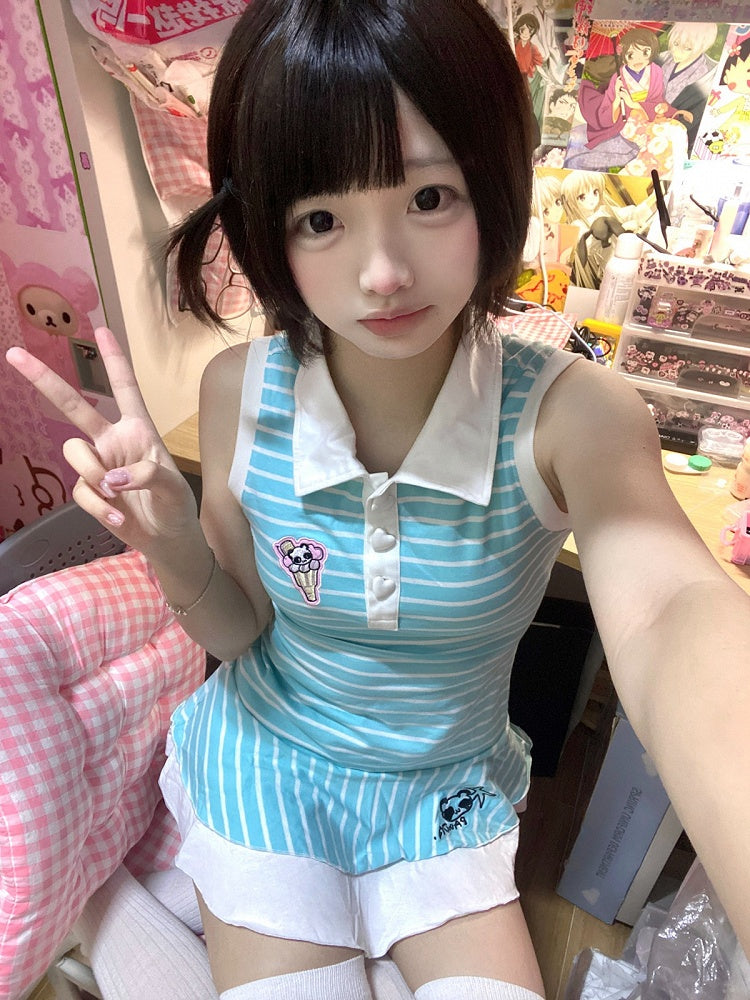 Blue Polo Collar Striped Sleeveless Dress Ruffle Hem - kukuwa