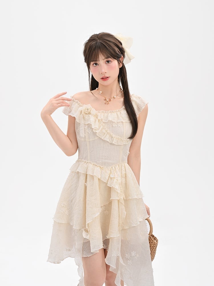 Tonal Beige Rüschen Ausschnitt Asymmetrische Urlaub Ärmelloses Kleid Saum Floral Stickerei